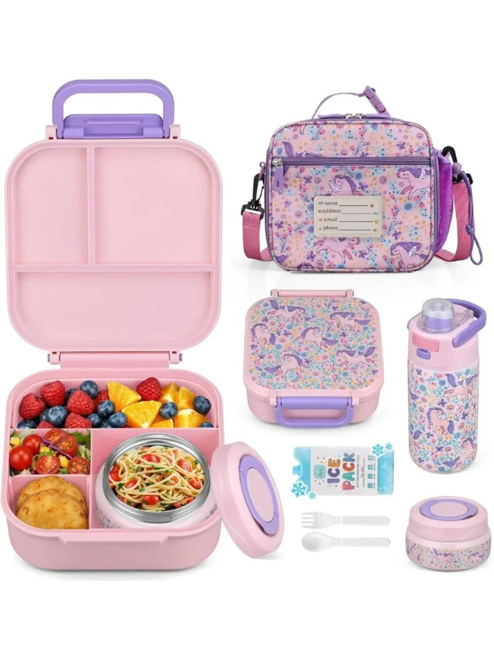 Insulated Kids Bento Lunch Box Set with Thermos, Water Bottle & Utensils - Pink